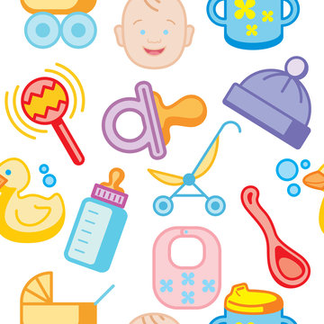 baby equipment seamless pattern. cute baby background with line icons