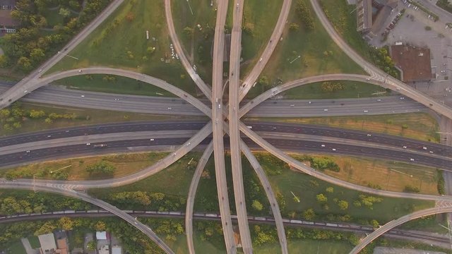 Birds Eye View Busy Interstate Mixmaster at Sunset 003