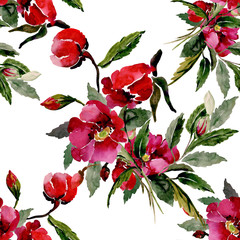 Watercolor illustration of a flowering briar branch.Seamless pattern image.