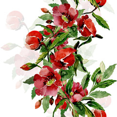 Watercolor illustration of a flowering briar branch.Seamless pattern image.