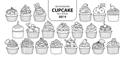 Set of isolated cupcake in 21 styles set 9.