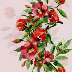 Watercolor illustration of a flowering briar branch.Seamless pattern image.
