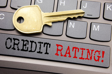 Hand writing text caption inspiration showing Credit Rating. Business concept for Finance Score History written on keyboard key on the with key next to the text.