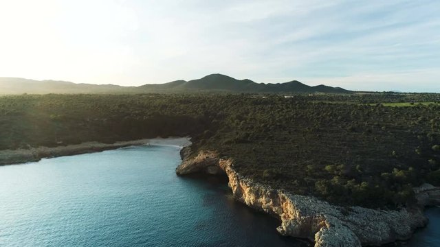 This is a drone footage shot in Mallorca island. In the picture is beautiful Cala Varques beach from above.