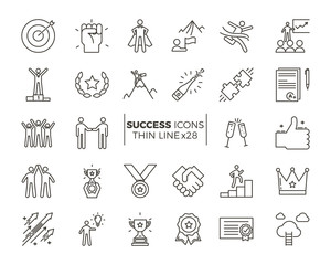 Icons related with success, motivation, willpower, leadership, determination and growth. Vector pictogram thematic set. Objects and dynamic character actions