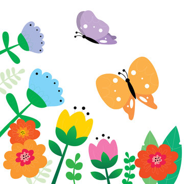 Cute butterflies with colorful flowers vector.