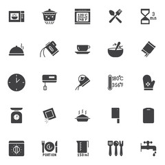 Cooking instructions and kitchenware vector icons set, modern solid symbol collection, filled style pictogram pack. Signs, logo illustration. Set includes icons as microwave oven, mixer, fork spoon