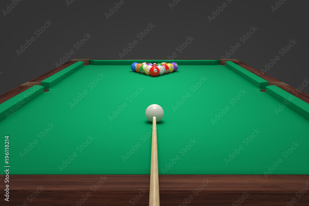 Poster 3d rendering of a cue stick ready to hit a single ball facing many other balls forming a triangle.