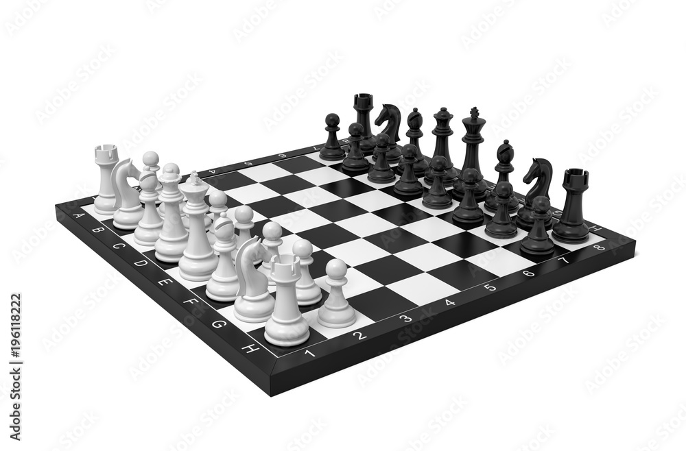 Fototapete 3d rendering of a chess board with a full set of figures in the starting position.