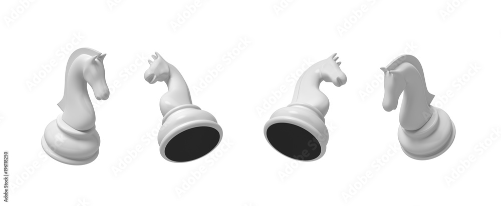 Poster 3d rendering of a white chess knight piece in four different angled views on a white background.