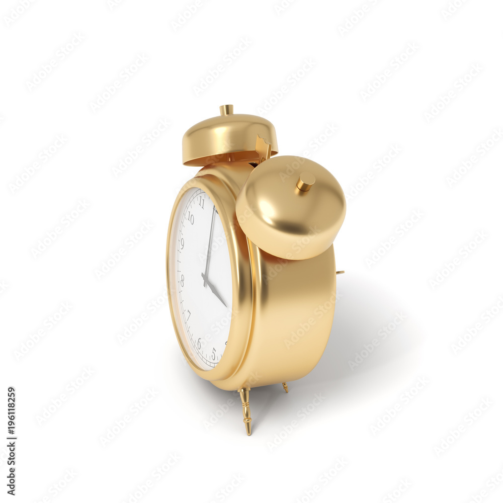 Aufkleber 3d rendering of a retro alarm clock covered in gold standing on a white background.