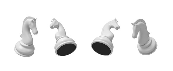 3d rendering of a white chess knight piece in four different angled views on a white background.