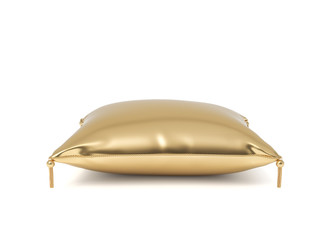 3d rendering of an isolated golden pillow with hanging tassels on its corners.