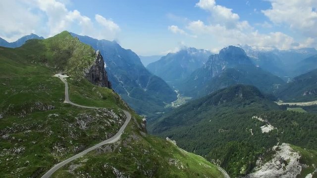 AERIAL VIEW: flight around Mangart Pass.Slovenia. camera moving forwards