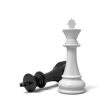 3d rendering of a white king piece standing near a fallen black piece on a white background.