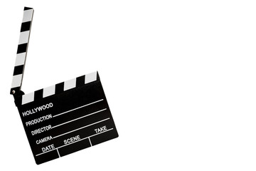 Fototapeta na wymiar Film industry and directing a movie concept with a clapboard isolated on white with copy space and a clipping path cutout, in cinematography a clapper is used to synchronize the image with the sound