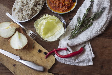 a variety of ingredients and the process of preparing for cabbage rolls
