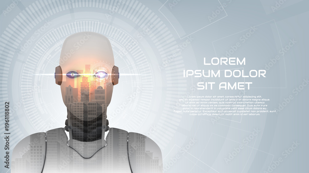 Poster cybernetic robot concept web banner. vector illustration with city landscape. techno background with