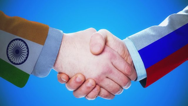India - Russia / Handshake concept animation about countries and politics / With matte channel