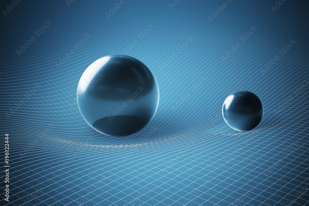 Wall mural gravity and general theory of relativity concept. curved spacetime caused by massive spheres. 3d ren