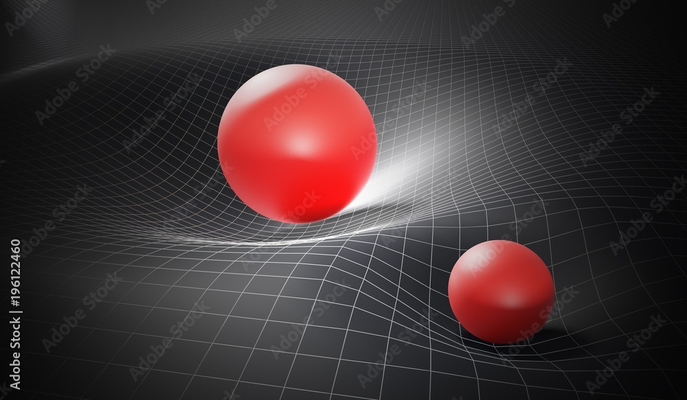 Wall mural gravity and general theory of relativity concept. distorted spacetime caused by massive spheres. 3d 