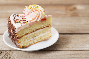 piece of cake on a wooden table