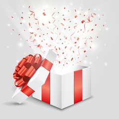 ベクター、開いたギフトボックスと赤い紙吹雪