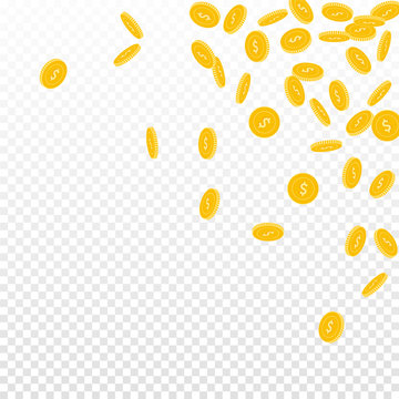 American dollar coins falling. Scattered small USD coins on transparent background. Curious scattered top right corner vector illustration. Jackpot or success concept.