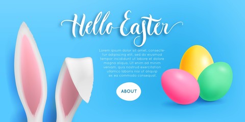 Hello easter bunny flayer. Pink card with rabbit ears, eggs and button. Vector illustration of animation screen