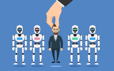 human hand picking a businessman from group of robots recruitment 