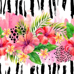 Gordijnen Handgeschilderd kunstwerk: aquarel tropische bladeren en bloemen op penseelstreken achtergrond. © Tanya Syrytsyna