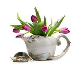 Bouquet  lilac tulips in vintage ceramic pot