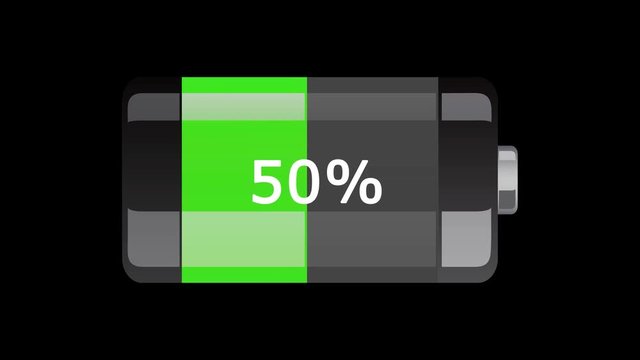 Batteriezelle horizontal wird geladen. Ladevorgang mit Farbwechsel und Prozentanzeige vor schwarzem Hintergrund in 4K