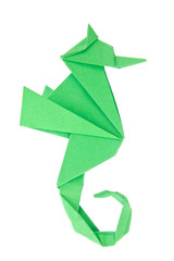 Green seahorse (Hippocampus) of origami, isolated on white
