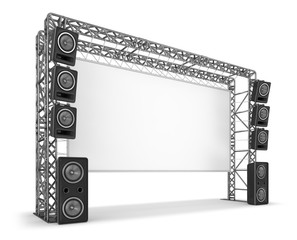 Metal trusses with a screen and acoustic systems. The equipment of a stage, a cinema. 3d illustration - obrazy, fototapety, plakaty