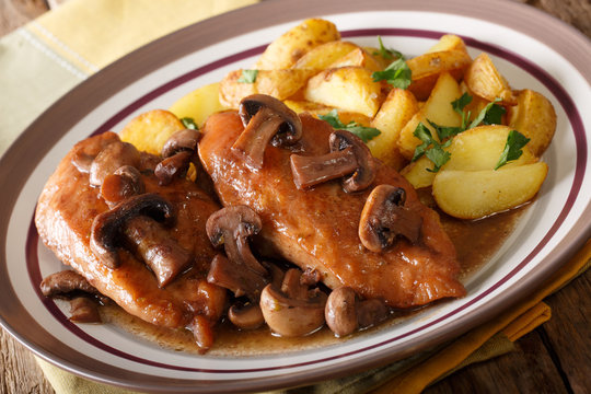Chicken marsala is an Italian-American dish made from chicken cutlets, mushrooms, and Marsala wine. Horizontal