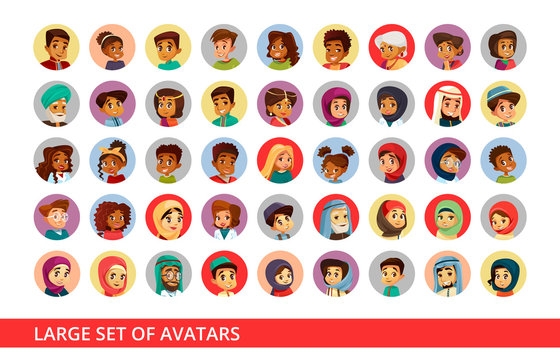 Social network user avatars vector cartoon illustration of people and children different nationality. Set of black Afro-american woman and Arabian man, Asian girl and Indian boy for profile account