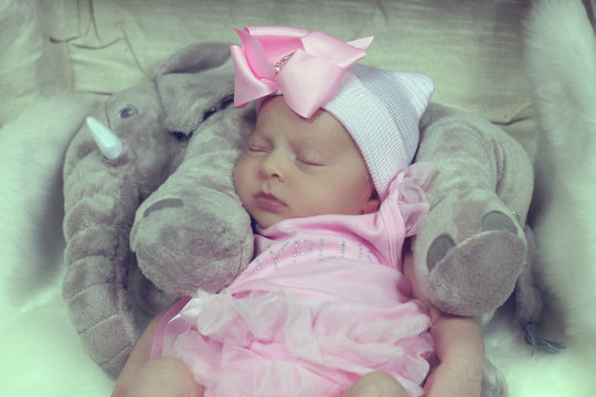 Beautiful baby girl wearing a pink costume sleeping on her teddy 