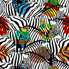 Zebra seamless pattern with colorful easter eggs. Wild animal design trendy fabric texture, illustration.