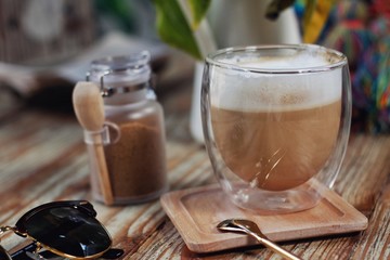 Coffee cup hot on wooden table 