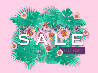 Summer sale banner with carved tropical palm leaves and exotic flowers. Exotic floral background, design for banner, flyer, poster, invitation, web site, presentation, wallpaper. Paper cut out style.