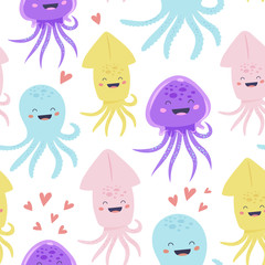 Vector adorable octopus, jellyfish and squid  characters. Cartoon sea creatures seamless pattern.