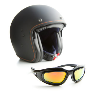 Motorcycle goggles and helmet.