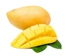 mango sliced like dice wiht leaf isolated on a white background.