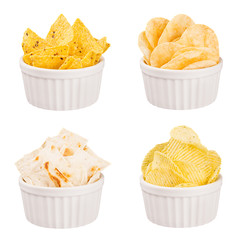 Snacks collection - crunchy potato chips, nachos, tortilla in white ceramics bowls, isolated. Fast food template for menu, advertising, cover.