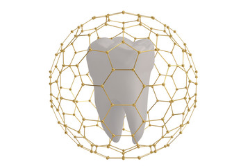 Fototapeta premium Tooth protection concept tooth covered with hexagon frame 3D illustration.
