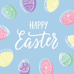 Happy Easter! Blue holiday postcard with egg wreath and modern calligraphy.