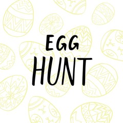 Egg hunt postcard design with painted eggs line art and modern calligraphy.