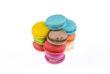 Traditional colorful french macarons ,white isolated background