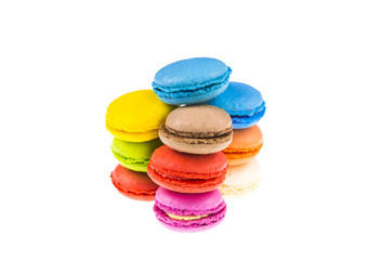 Traditional colorful french macarons ,white isolated background